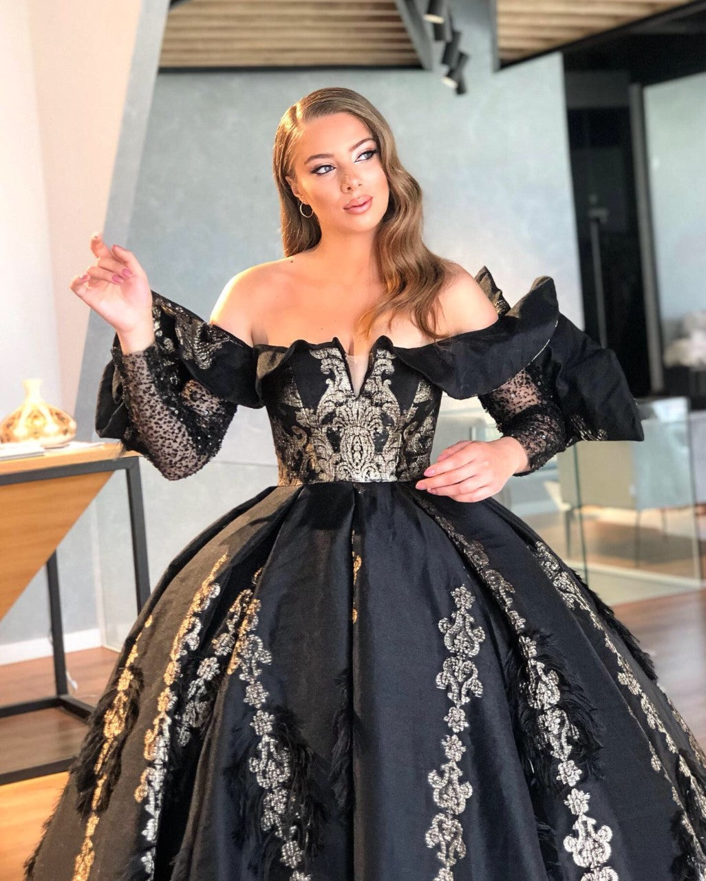 Off Shoulder Sleeves Black & Gold Ball Gown