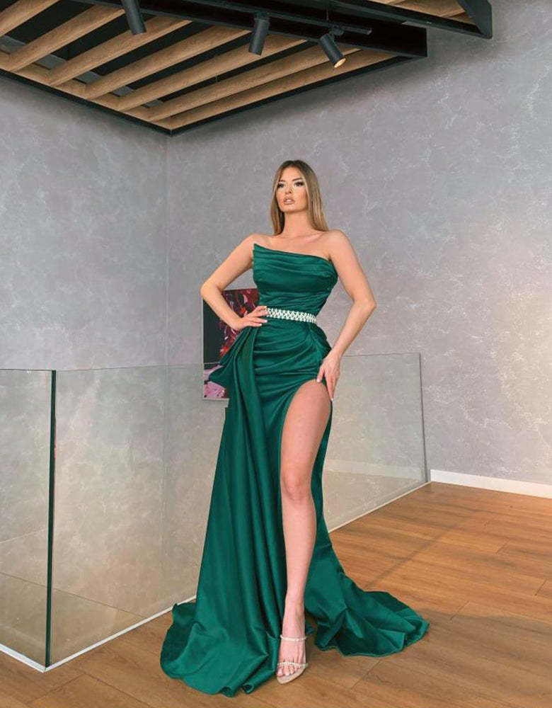 Strapless Emerald Dress with Side Slit